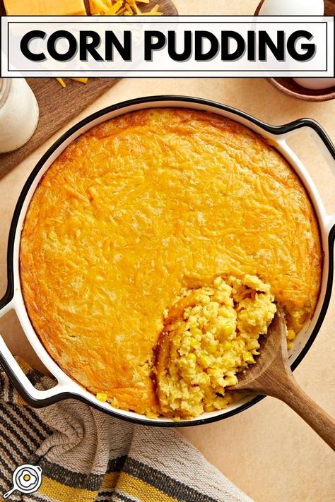 overhead photo of corn pudding in a baking dish with a wooden spoon removing a scoop and recipe title block at the top Corn Pudding Casserole, Corn Pudding Recipe, Cheddar Corn, Corn Dishes, Slow Cooked Meat, Corn Pudding, Budget Bytes, Unhealthy Diet, Corn Casserole