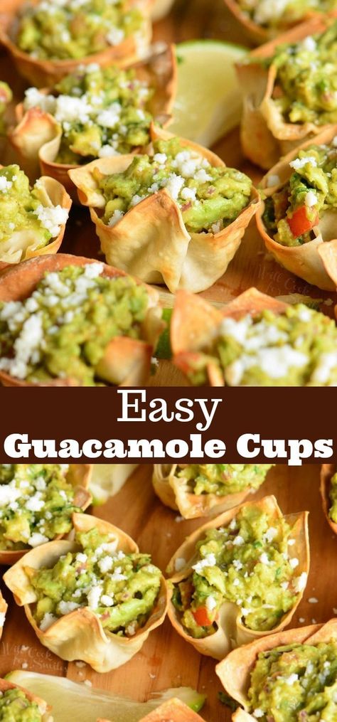 Guacamole Cups. Simple and tasty party appetizer. They are made with wonton wrappers, filled with homemade guacamole and topped with crumbled Cotija cheese. #appetizer #snack #avocado #guacamole #individual Guacamole Cups, Wonton Wraps, Avocado Guacamole, Cheese Appetizer, Won Ton, Mexican Appetizers, Wonton Recipes, Easy Guacamole, Meat Appetizers