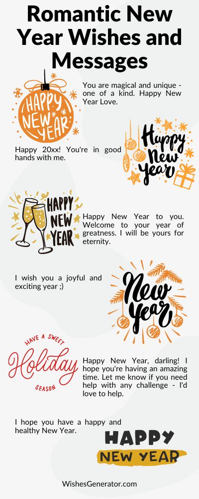 Romantic New Year Wishes and Messages In This Article, We Share Ideas On: New Year Wishes For Loved One; Romantic New Year Wishes For Girlfriend; New Year Messages For Special Someone; Happy New Year Love Message; Happy New Year Wishes, Quotes, Messages; Romantic New Year Wishes For Boyfriend; New Year Message For Couple; New Year Wishes For Boyfriend; And Many More. New Year Wishes For Boyfriend, New Year Wishes For Girlfriend, New Year Love Messages, Short New Year Wishes, Happy New Year Wishes Quotes, Wishes For Boyfriend, New Year Love, New Year Messages, New Year Wishes Quotes