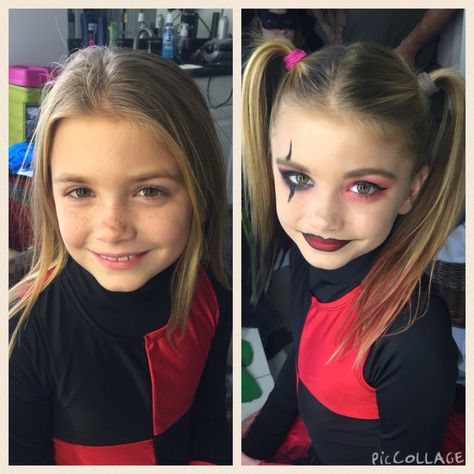 Little girl Harley Quinn makeup Anastasia Beverly Hills liquid lips, Morphe brushes palette for the eye look all the makeup details on IG at Getangelaslook Kid Harley Quinn Makeup, Dead Cheerleader Makeup Kid, Kids Harley Quinn Makeup, Harley Quinn Makeup Kids, Kids Halloween Makeup Girls Cute, Kid Halloween Makeup, Halloween Kids Makeup, Horror Smink, Harley Quinn Halloween Makeup