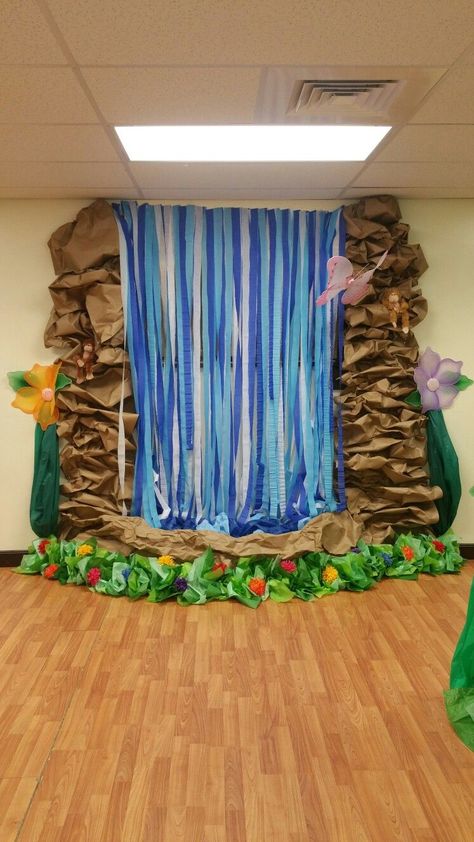 Fake Waterfall, Enchanted Forest Book, Waterfall Decoration, Forest Classroom, Diy Waterfall, Vbs Decorations, Jungle Decorations, Forest Book, Vbs Themes