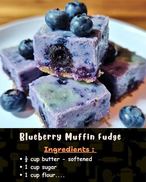 Ingredients: For the Fudge: ½ cup butter, softened 1 cup sugar 1 cup flour... Blueberry Fudge, Fudge Ingredients, Christmas Cake Recipes, Blueberry Muffin, Sweet Cravings, Blueberry Recipes, Blue Berry Muffins, Christmas Cake, Creamy White