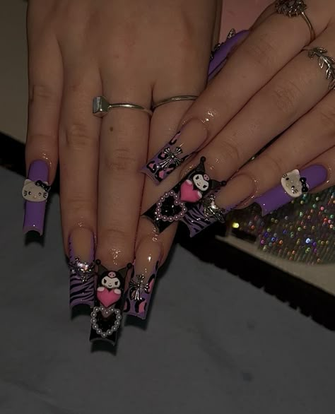 Charm Nails Black, Girly Nails Short, Valentines Nails French, Nail Inspo Hello Kitty, Valentines Nails French Tip, Butterfly Nails Long, Nail Designs Girly, Duck Nails Short, Spring Nails Easter