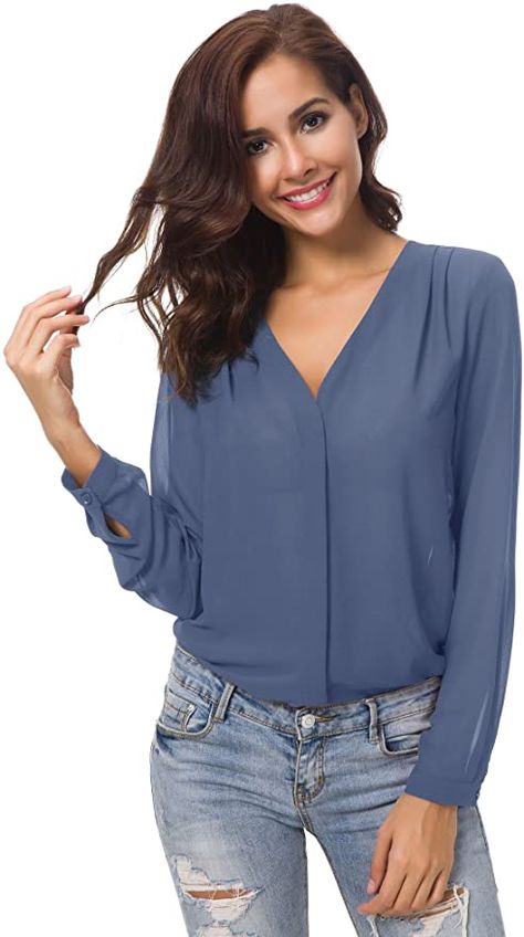 Women's V Neck Long Sleeve Ruffled Shoulder Solid Chiffon Blouse (Medium, Greyish Blue) : Amazon.co.uk: Clothing Plus Size Formal, Clothing Details, Loose Outfit, Blue White And Black, Blouse Online, Loose Tops, Chiffon Blouse, Lace Sleeves, Types Of Collars