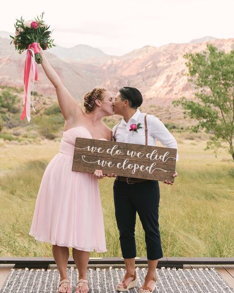 This gay elopement in Las Vegas was truly romantic! The brides both wore pink. A pink wedding dress and pink bouquet looks beautiful in Red Rock Canyon. We loved how attentive Tati was in making sure she included so many small and special details for Katie, especially incorporating pink! www.elopementlasvegas.com #lasvegaselopement #elopement Lgbtq Ideas, Nelson Ghost Town Wedding, Small Private Wedding, Intimate Elopement Ideas, Vegas Wedding Venue, Very Small Wedding, Intimate Wedding Reception, Details Photography, Red Rock Canyon