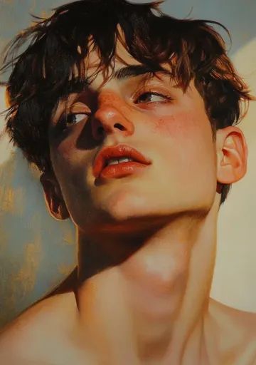 ↑↑↑ Larger size on website 🔸 The painting is a close-up portrait of a young man with dark brown hair and a light complexion. He h Oil Painting Fantasy Art, Face Angle, Golden Brown Hair, Realistic Portrait, Dti Fits, Art Cover, Cover Illustration, Golden Eyes, Kestrel