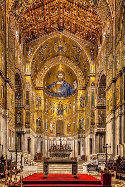 Interior of Monreale Cathedral Monreale Cathedral, Christian Architecture, Byzantine Architecture, Palermo Sicily, Cathedral Architecture, Sacred Architecture, Venice Italy Travel, The Cloisters, Cathedral Church