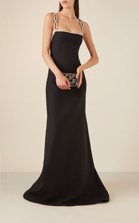 Crepe Couture Embellished Strap Wool And Silk Gown By Valentino | Moda Operandi Ralph Lauren Womens Clothing, Valentino Gowns, Dress Code Wedding, Valentino Couture, Valentino Dress, Silk Gown, Black Gown, Dress Silhouette, Red Carpet Dresses