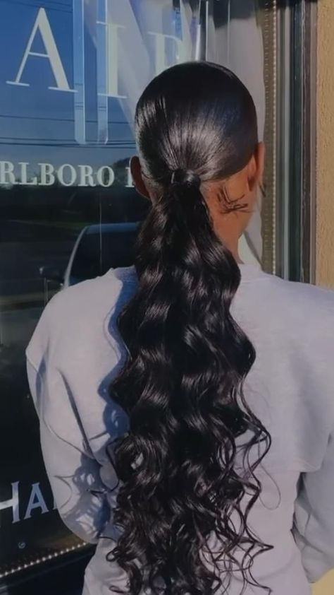 Bridesmaids Hairstyles Low Pony, Low Side Ponytail Black Women, Slick Back Low Curly Ponytail, Slick Ponytail For Prom, Body Wave Low Ponytail, High Top Bun Hairstyles For Black Women, Low Pony Hairstyles Black Weave, Wedding Slick Ponytail, Fake Ponytails For Black Women