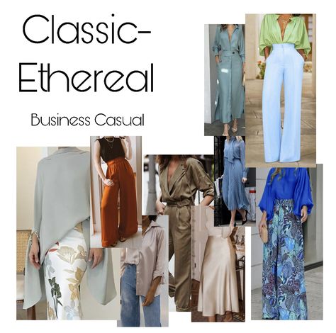 A collage of Classic-Ethereal essence inspiration for business casual. Soft Dramatic With Ethereal Essence, Soft Classic With Ethereal Essence, Ethereal Essence Hair, Ethereal Style Casual, Ethereal Natural Classic, Classic Natural Essence, Classic Ethereal Essence, Ethereal Style Essence, Ethereal Essence Style