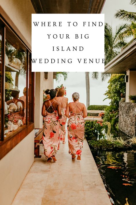 bridesmaids walking in pink silk flower dresses by a coi fish walkway to the ceremony in front of a infinity pool with palm trees and greenery and tropical flowers by the house at the venue Big Island Hawaii Wedding Venues, Big Island Hawaii Wedding, Hawaii Wedding Venues, Wedding Venues Hawaii, Big Island Wedding, Hawaii Destination Wedding, Hawaiian Wedding, Destination Wedding Venues, Big Island Hawaii