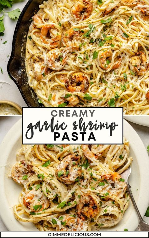 Garlic Shrimp Pasta is easy to make with just a handful of ingredients, and can be on the dinner table in less than 30 minutes! A simple parmesan cheese cream sauce is stirred together, and then tossed with seasoned pan-fried shrimp and linguine noodles. It’s an insanely delicious meal and sure to become a new family favorite! Creamy Sausage And Shrimp Pasta, Super Yummy Dinner Ideas, Creamy Bacon Shrimp Linguine, Italian Recipes With Shrimp, Healthy Eating Shrimp Recipes, Garlic Parm Shrimp Pasta, Dinner Recipes For Family Of 6, Creamy Garlic Shrimp Linguine Recipe, Italian Shrimp Pasta Recipes