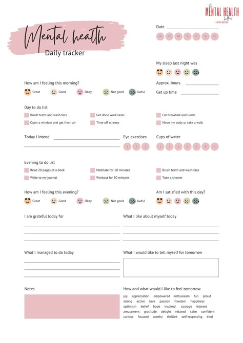 Track your mental health with this personalized daily tracker. Log your mood, symptoms, and activities, and see how they affect each other over time. This tracker can help you identify patterns and triggers, and make informed decisions about your mental health care.

Get your free tracker Daily Tracker, Bulletin Journal, Self Care Worksheets, Dream Ideas, Bullet Journal Ideas Templates, Makeup Images, Eye Exercises, Self Care Bullet Journal, Health Tracker