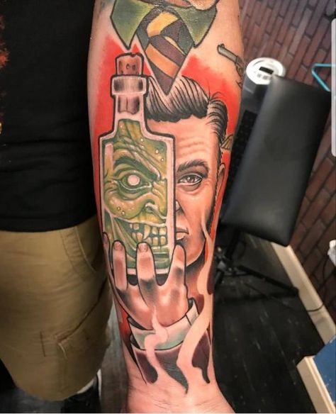 Dr. Jeckyll and Mr. Hyde done by Creepy Jason at House of Madness in Hampstead, MD. Jekyll And Hyde Tattoo, Aa Tattoos, Justice Tattoo, Viking Tattoo Sleeve, Jekyll And Hyde, Tattoos To Cover Scars, Pirate Tattoo, Tatoo Inspiration, Mr Hyde