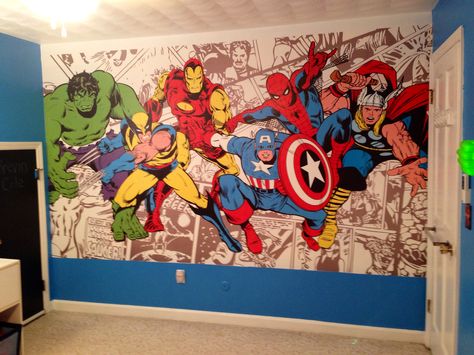 Classic Marvel mural I just put up in my son's bedroom. Yay me! Superhero Mural Bedroom, Marvel Wall Mural, Marvel Mural Bedroom, Superhero Mural, Marvel Mural, Marvel Wall Art, Rooms Design, Marvel Wall, Superhero Room