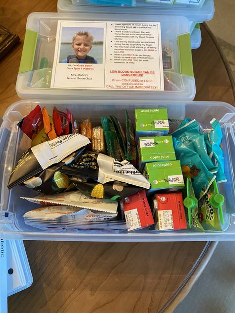 Emergency Box Labeled with photo & quick symptoms/response. Contents filled with fast acting sugar and 15g snacks; left with school nurse, main classroom teacher, grandparents School Nurse Self Care Station, School Nurse Medication Storage, When To See The School Nurse, Elementary School Nurse Office Set Up, School Nurse, Where Is The School Nurse Sign, Blood Glucose Monitor, Nursing School, Teacher Classroom