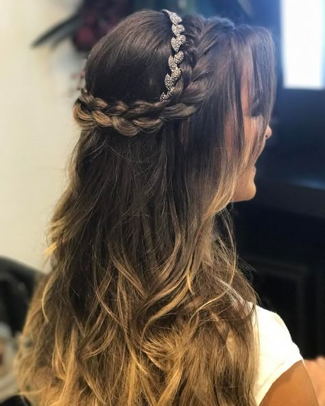 Braid crown + Half up half down hairstyle #weddinghair #hairstyle #promhair #bridalhair #halfuphalfdown #hairdown #bridehairideas Long Bridal Hair, Hair Style On Saree, Hair Style Vedio, Engagement Hairstyles, Traditional Hairstyle, Bridal Hair Buns, Indian Wedding Hairstyles, Quince Hairstyles, Open Hairstyles