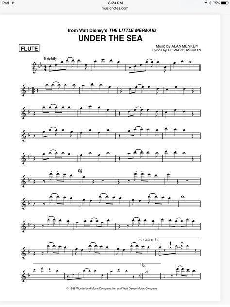 Flute Cover Songs, Disney Songs Flute Sheet Music, Flute Notes Songs Disney, Flute Sheet Music Disney Easy, Fallen Down Flute Sheet Music, Flute Sheet Music Disney, Clarinet Notes With The Letters, Under The Sea Flute Sheet Music, Free Flute Sheet Music