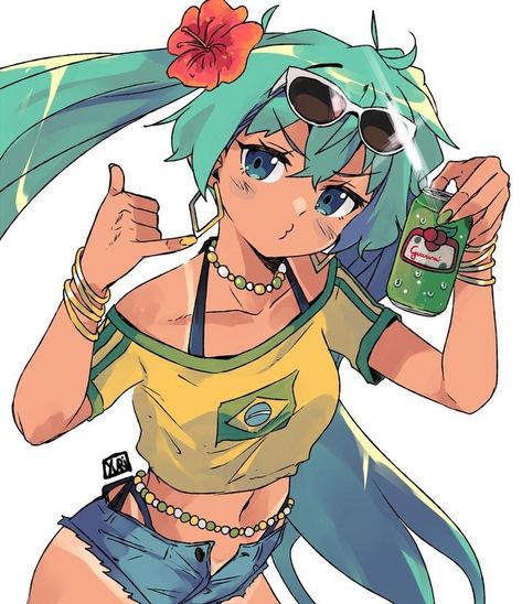 Brazilian Miku by @pirate_yuri | Brazilian Miku | Know Your Meme Miku Hatsune Vocaloid, Cute Anime Pics, An Anime, Cartoon Art Styles, Original Artists, Hatsune Miku, Cute Anime Character, Character Drawing, Blue Hair