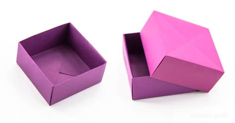 Learn how to fold a useful origami masu box, sometimes called a blintz box, because it starts with the blintz base. This origami box is easy to make from one sheet of square paper. Paper Box Tutorial, Origami Kutu, Origami Box With Lid, Origami Guide, Origami Box Easy, Origami Box Tutorial, Origami Gift Box, Paper Box Diy, Origami Star Box