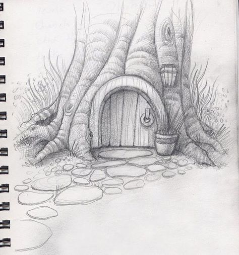 Hobbit Home, Tree House Drawing, Landscape Pencil Drawings, Fairy Drawings, Nature Art Drawings, Fantasy Drawings, Art Drawings Sketches Pencil, Nature Drawing, Pencil Art Drawings