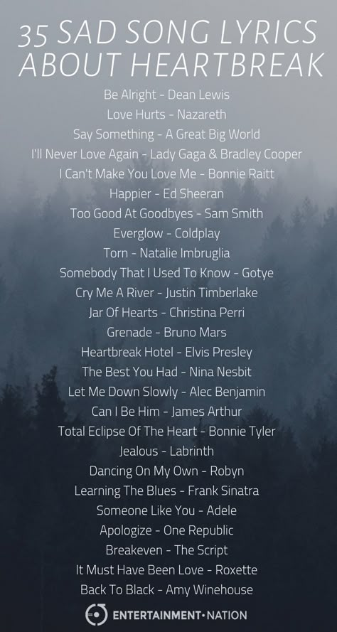 35 Sad Songs About Heartbreak Blog Post From Entertainment Nation. #blog #spotify #playlist #heartbreak #sadsongs Song Lists, Breakup Playlist, Breakup Songs, Not Musik, Love Songs Playlist, Feeling Song, Playlist Ideas, Song Suggestions, Songs Playlist