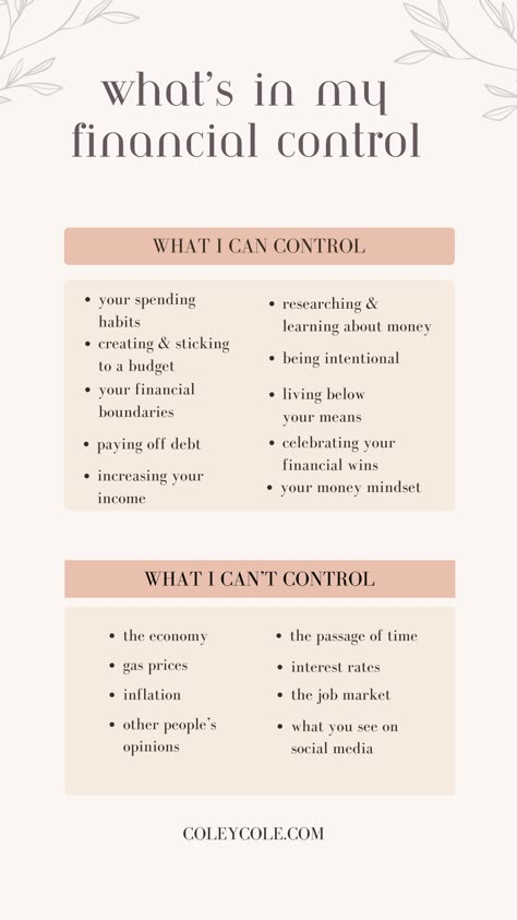 It can be scary when you feel like there's so much outside of your financial control. With rising costs and external pressure from societal expectations, it can feel like too much to effectively manage your money.

Don't give up! There's more within your financial control than you may think. Budgeting, having financial boundaries, increasing your income, and living below your means are all in the realm of your financial control. Learn how to take your financial power back and succeed with money. How To Live Below Your Means, Money Boundaries, Finance Girly, Financial Goals Ideas, Financial Boundaries, Financial Control, Manage Finances, Take Back Your Power, Live Below Your Means