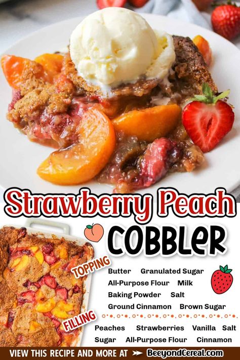 Made with fresh fruits and a homemade topping this strawberry peach cobbler really hits the spot. Serve it up while it's warm and finish it off with a nice scoop of vanilla ice cream. Strawberry Peach Cobbler Recipe, Strawberry Peach Crumble, Peach Strawberry Dessert, Peach And Strawberry Cobbler, Strawberry Peach Dessert Recipes, Strawberry Peach Recipes, Strawberry Peach Cobbler, Wicked Desserts, Strawberry Cobbler Recipe