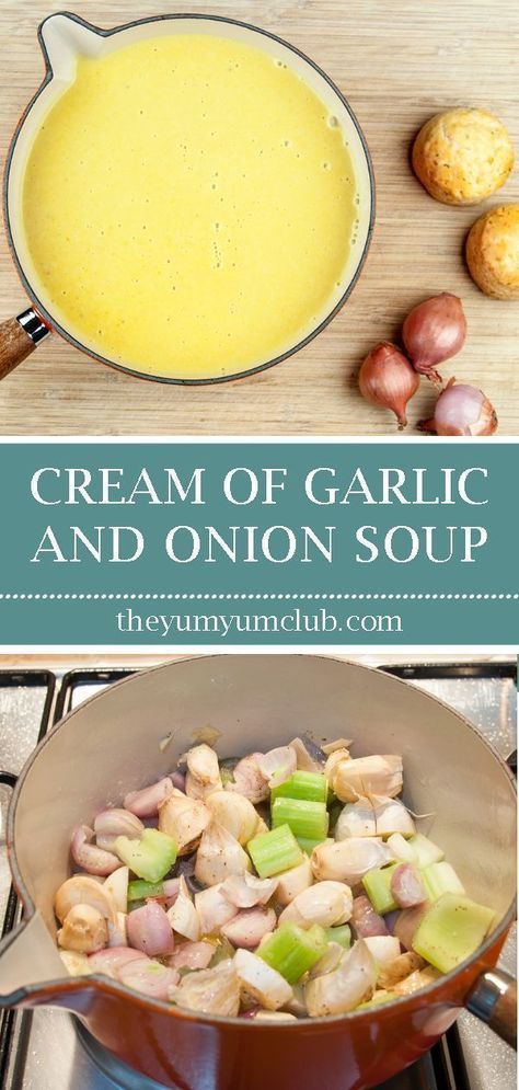 Cream of garlic and onion soup. How much more French can you get? Just remember, if you're planning on kissing after dinner you'll need to share... Cream Of Onion Soup Recipes, Cream Of Onion, Cream Of Onion Soup, Foodie Art, Food Yummy, Onion Soup, Foodie Recipes, Delicious Soup, Stew Recipes