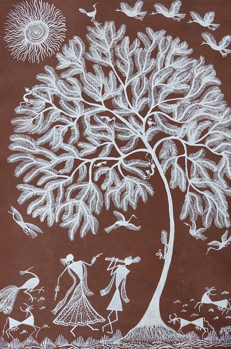 Radha Krishna Warli Art, Warli Tree, Warli Arts, Warli Drawing, Warli Designs, Cupboard Painting, Warli Paintings, Village Drawing, Radha And Krishna