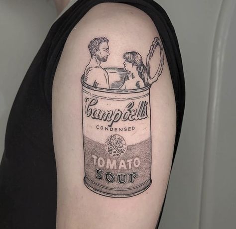 Soup Tattoo, Tomato Tattoo, Can Tattoo, Campbell's Soup Cans, Food Tattoos, Condensed Tomato Soup, Campbell Soup, Tomato Soup, Leg Tattoos