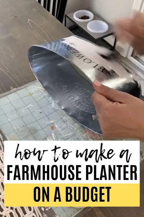 Tin Planters Ideas, Dollar Tree Flower Pot Ideas, Living Room Fireplace Mantle, Farmhouse Planter, Moss Wreath Diy, Make A Fire Pit, Dollar Tree Farmhouse, Dollar Tree Flowers, Tin Planters