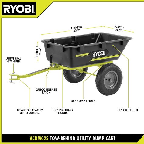 TOW-BEHIND DUMP CART - RYOBI Tools Dump Cart, Ryobi Tools, Bathroom Cleaning Supplies, Riding Mowers, Zero Turn Mowers, Riding Mower, Garbage Disposal, Lawn Tractor, Automotive Accessories