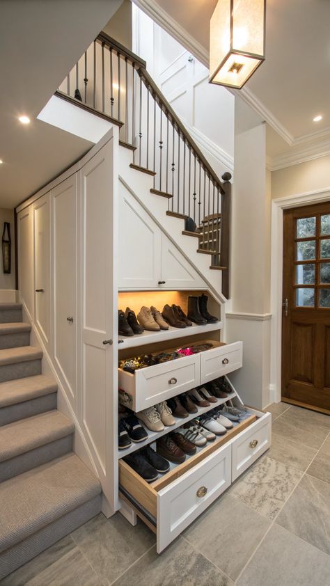 Staircase Storage Under Stairs Storage Under Stairs Ideas, Staircase Storage Under Stairs, Storage Under Stairs, Hidden Shoe Storage, Under Stairs Ideas, Staircase Storage, Stairs Ideas, Under The Stairs, Tap Here