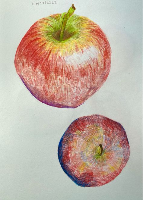 Apple Drawing Colored Pencil, Food Drawing Colored Pencil, Fruit Drawing Colored Pencil, Fruit Color Pencil Drawing, Art Inspo Colored Pencil, Easy Color Pencil Art, How To Use Colored Pencils, Aesthetic Colored Pencil Drawings, Color Pencil Art Easy