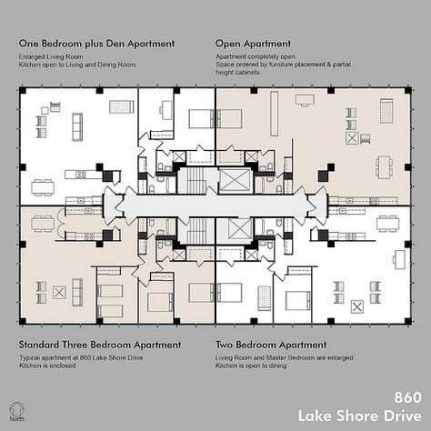 860 Lake Shore Drive - Apartment Plan Possibilities Apartment Blueprints, Building Design Plan, Apartments Exterior, Modern Apartment Design, Building Stairs, Apartment Floor Plan, Lake Shore Drive, Apartment Floor Plans, Ludwig Mies Van Der Rohe