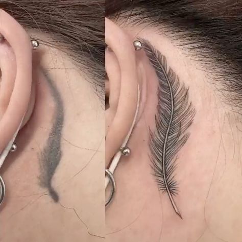 #blxckink #blxckink_korea #tattookorea #koreatattoo #tattooseoul #seoultattoo #eartattoo #feathertattoo #coveruptattoo #blustovertattoo Feather Tattoo Behind Ear, Cover Up Tattoos Before And After, Arm Cover Up Tattoos, Cover Up Tattoos For Women, Behind Ear Tattoos, Coverup Tattoo, Our Mindful Life, Single Needle Tattoo, Vegan Tattoo