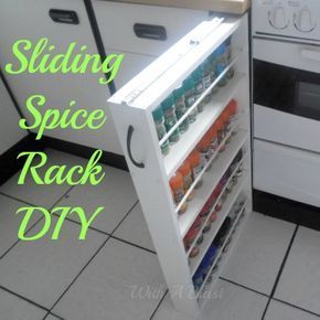 Sliding Spice Rack DIY ~ yes you can build one in under 2 hours! Spice Rack On Wheels, Sliding Spice Rack, Build A Spice Rack, Diy Storage Cabinet, Storage Cabinet Kitchen, Pull Out Spice Rack, Cabinet Spice Rack, Diy Spice Rack, Diy Slides