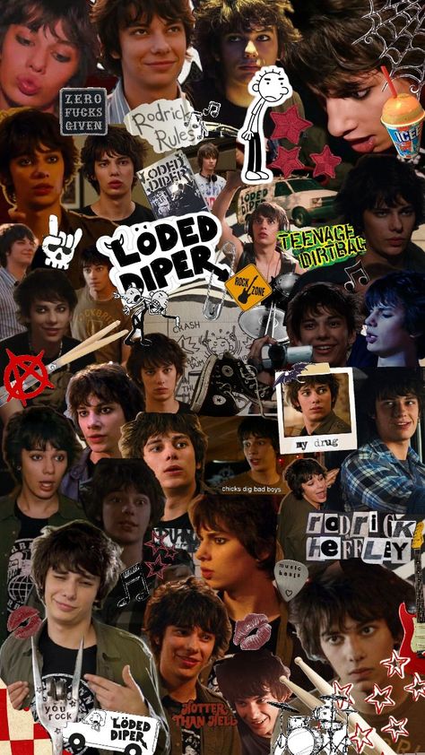 Rodrick Heffley 💋💋 #diaryofawimpykid #rodrickheffley #rodrickrules #rock #punk #teenagedirtbag #drums #drumstick #guitar Rodrick Heffley Collage, Roderick Heffley Wallpaper, Rodrick Heffley Aesthetic Wallpaper, Rodrick Heffley Drums, Rodrick Wallpaper, Rodrick Heffley Pfp, Rodrick Heffley Wallpaper, Rodrick Heffley Aesthetic, Diary Of The Wimpy Kid