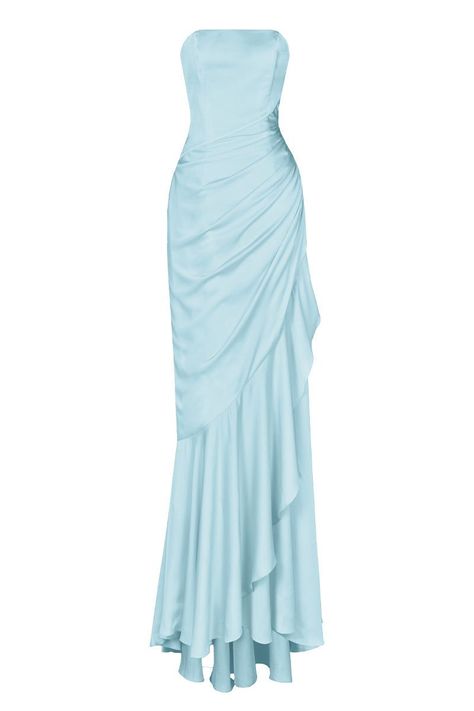 Draped Prom Dress, Ice Blue Prom Dresses, Baby Blue Formal Dresses, Baby Blue Corset Dress, Hoco Dresses Baby Blue, Blue Silk Dresses, Blue Silk Formal Dress, Light Blue Ball Gown, Light Blue Bridesmaid Dress