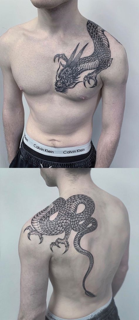 Traditional Dragon Chest Tattoo, Shoulder And Back Tattoo For Men, Dragon Around Neck Tattoo, Back And Shoulder Tattoo For Men, Back To Chest Tattoo, Dragon Over Shoulder Tattoo, Dragon On Neck Tattoo, Dragon Tattoos For Men Chest, Dragon Tattoo Over Shoulder