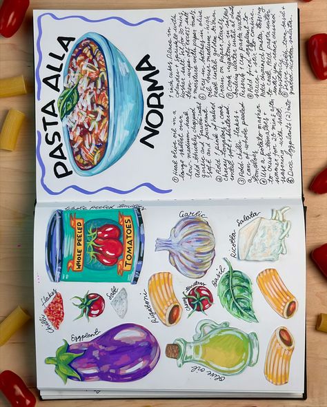 From sketchbook to skillet: Pasta alla Norma with rigatoni 🍆✨ Rich tomato sauce, tender eggplant, and a generous sprinkle of ricotta salata make this Sicilian classic a true comfort dish. Swipe to see the illustrated recipe and the real deal 🍝 #allanorma #pasta #pastarecipe #recipe #italianfood #italianrecipe #cookbook #illustration #artoftheday #artistsoninstagram #artistsofinstagram #sketchbook #sketchbookdrawing Cute Recipe Drawing, Cookbook Drawing Ideas, Recipe Art Journal, Food Recipe Illustration, Creative Cookbook Design, Cook Book Covers Ideas, Cook Book Aesthetic Ideas, Hand Drawn Cookbook, Recipe Books Ideas