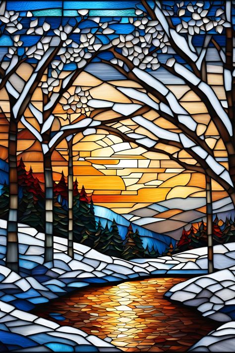 Faux stained glass image of snowy winter scene Faux Glass Painting, Winter Stained Glass Ideas, Christmas Stained Glass Art, Mosaic Winter Scene, Christmas Stained Glass Ideas, Stained Glass Winter Scenes, Stained Glass Evergreen Trees, Stained Glass Winter, Stained Glass Wallpaper