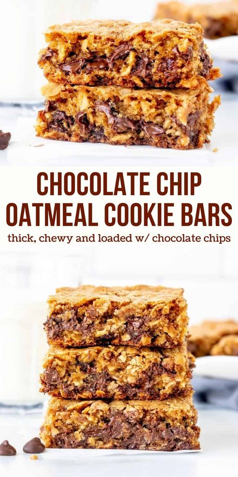 These oatmeal chocolate chip cookie bars are thick and chewy with almost gooey centers and tons of chocolate chips. They're simple to throw together and perfect for when you want an easy, simple, totally addictive treat.  #oatmeal #cookies #cookiebars #oatmealchocolatechip #recipe #bars from Just So Tasty Quick Oat Recipes, Oatmeal Chocolate Chip Cookie Bars, Oatmeal Chocolate Chip Cookie, Oatmeal Chocolate Chip Bars, Oatmeal Cookie Bars, Chocolate Chip Bars, Making Cookies, Peanut Butter Oatmeal Cookies, Oatmeal Chocolate Chip