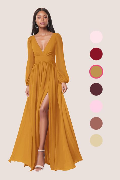 Mother Of The Bride Dresses Yellow, Yellow Bridesmaid Dress Long, Mustard Bridesmaid Dresses, Pastel Yellow Bridesmaid Dresses, Marigold Dress, One Day Bridal, Long Sleeve Bridesmaid Dress, Stretch Satin Dress, Fall Bridesmaid Dresses