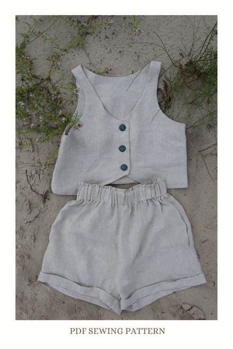 Linen Vest Pattern, Linen Vest Sewing Pattern, Vest Top Sewing Pattern, Linen Set Sewing Pattern, Linen Sewing Patterns Free, Linen Shorts Sewing Pattern, Sewing Vest Pattern, Sewing Patterns Tops Women, Short Patterns Sewing Free