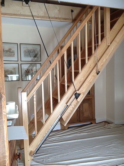 Electric Loft Ladders More Loft Stairs Ideas, Retractable Stairs, Attic Design Ideas, Attic Decor, Garage Attic, Attic Staircase, Attic Renovation Ideas, Wooden Staircase, Finished Attic