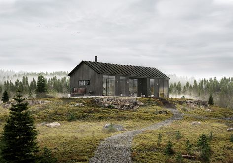 Architecture Visualization Photoshop, Building Myself, Wooden Lodge, Wooden Lodges, Black Painted Walls, 3d Architectural Visualization, Architectural Visualization, Architecture Rendering, Architecture Exterior