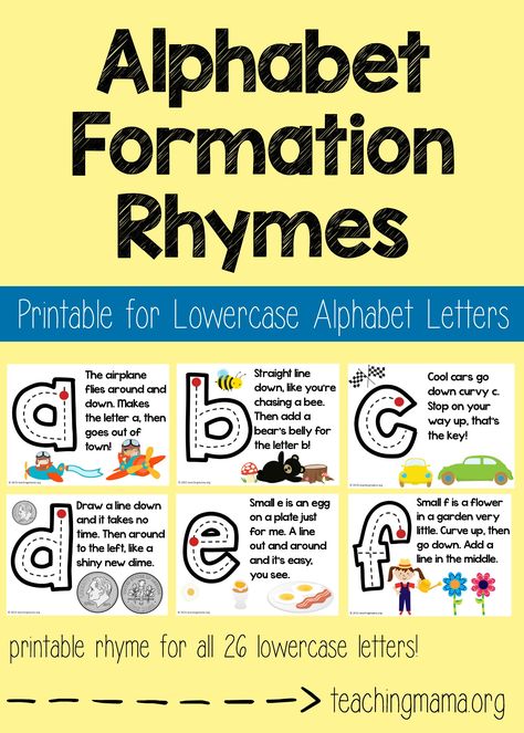 Lowercase Alphabet Formation Rhymes - fun little rhymes to help children learn how to write lowercase letters! Alphabet Formation, Teaching Mama, Mrs Hudson, Lowercase Alphabet, Preschool Literacy, Teaching Letters, Teaching The Alphabet, Preschool Songs, Preschool Letters