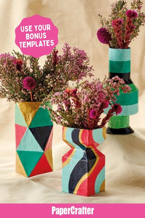 Learn how to make papier-mâché vases with our step-by-step tutorial and templates 🌷 Paper Mache Vase, Making Paper Mache, Last Minute Birthday Gifts, Paper Crafting Projects, Pin Cushions Patterns, Winter Crafts For Kids, Diy Birthday Gifts, Winter Crafts, Paper Craft Projects